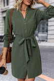 Chic Long Sleeve V-Neck Dress in Solid Army Green