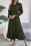 Lapel Button Pleated Skirt with Long Sleeve Design