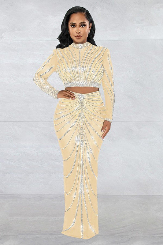 Elegant Sheer Long Sleeve Two-Piece Dress Set in Luxurious Gauze