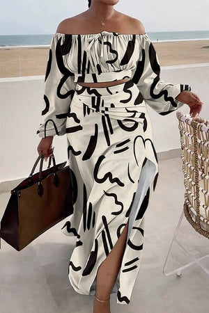 Chic Printed Lantern Sleeve Two-Piece Set with Slit Skirt