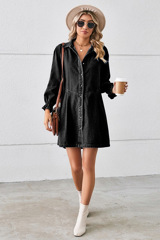 RELAXED FIT LONG SLEEVE PATCHWORK DENIM DRESS