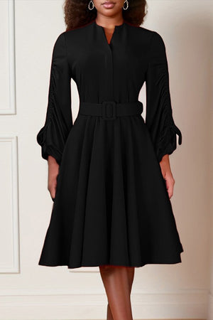 V-neck Adjustable Waist Pleated Plus-Size Dress