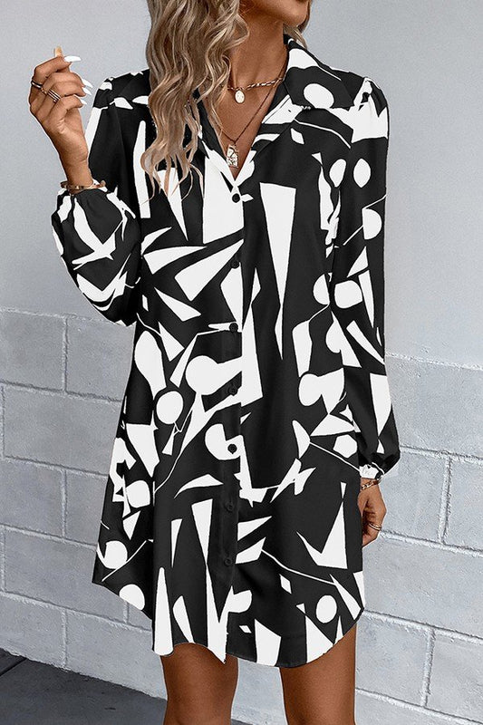 Lapel Print Dress with Lantern Sleeves