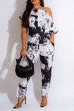 Chic Printed Short Sleeve One-Shoulder Stretchable Slim-Fit Romper