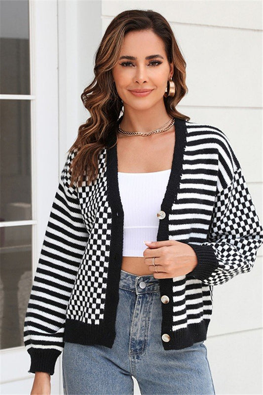 Plaid Patchwork Striped Cardigan Sweater Coat