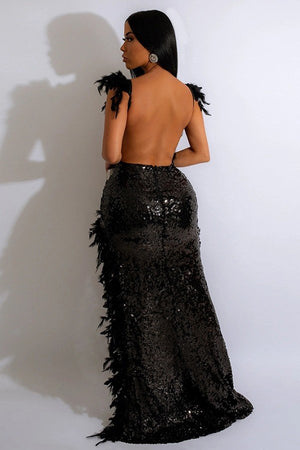 Glamorous Feathered Halter Dress with Alluring High Split and Sequins