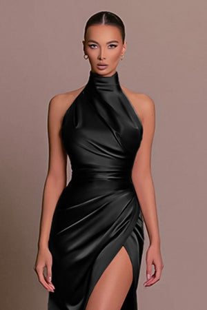 Chic Halter Neck Sleeveless Slit Dress with Stand Collar