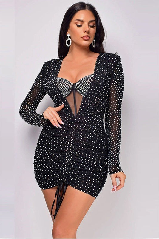 Chic Drawstring Faux Two-Piece Sheer Bodycon Dress with Butt-Enhancing Design