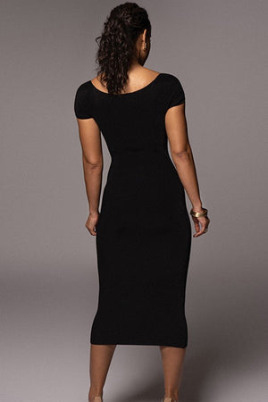 Ribbed Long Slim-Fit Dress with Line Neck Detail