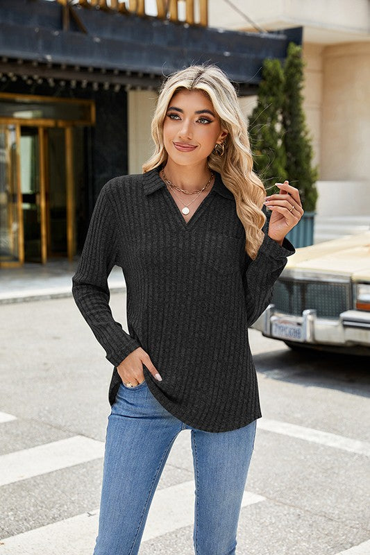 Lapel Pocket Oversized Long-Sleeve Top in Solid Colors