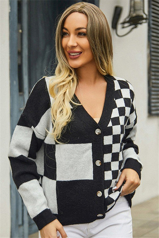 Patchwork Plaid Knit Coat for Women