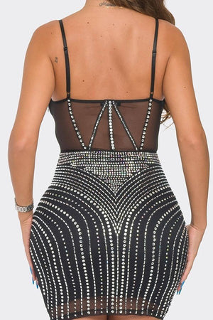 Dazzling Sheer Spliced Bodycon Dress with Elastic Accents