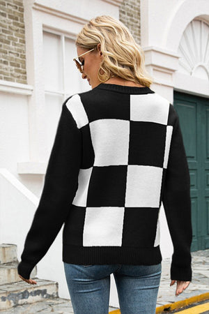 Plaid Knit Long Sleeve Sweater with Round Neck