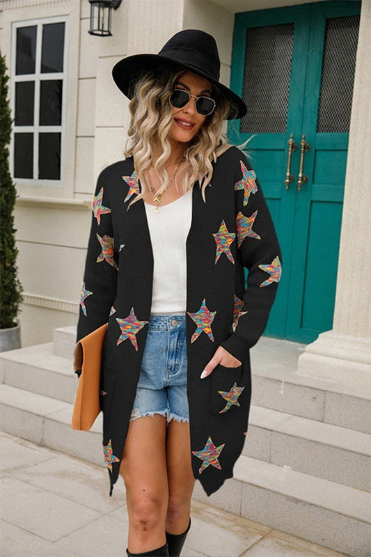 V-Neck Pentagram Cardigan with Pockets and Long Sleeves