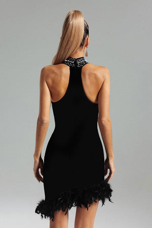 Elegant Black Pearl-Embellished Sleeveless Feather Dress with Diamond Accents