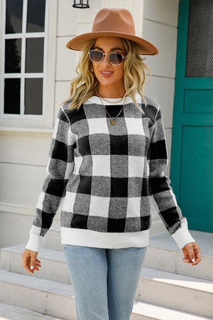 Plaid Print Long Sleeve Sweater with Round Neck