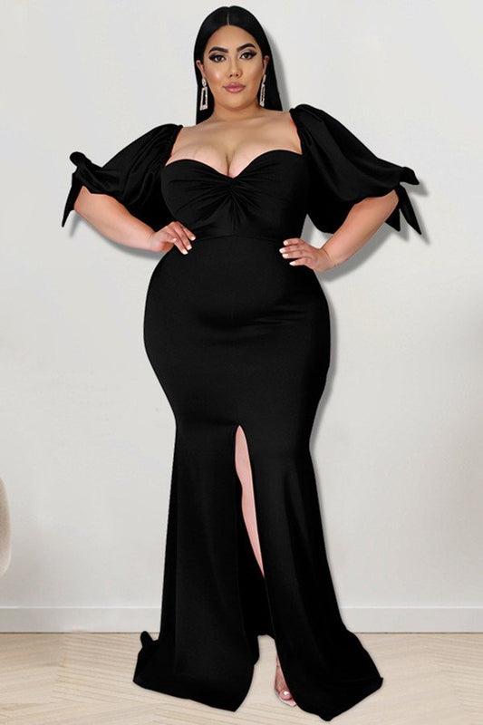 Willow Edge Elegant Slit Hem Dress with Puffy Sleeves