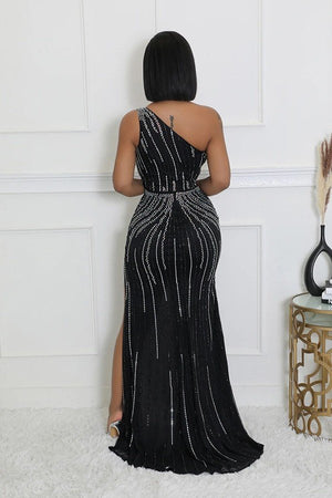 Chic Two-Tone Sleeveless Slant Shoulder Split Hem Stretch Dress with Sparkling Hot Drill Accents