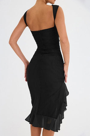 Halter Neck Mesh Bodice Dress with Asymmetrical Pleats