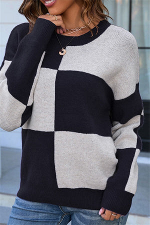 Chic Plaid Crew-Neck Pullover with Contrasting Knit Details