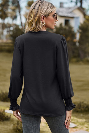 Chic V-Neck Long Sleeve Top with Puffy Sleeves in Solid Colors
