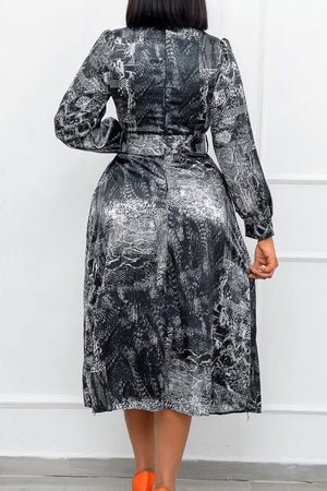 Elegant Long-Sleeved High-Waisted Plus-Size Party Dress with Unique Prints