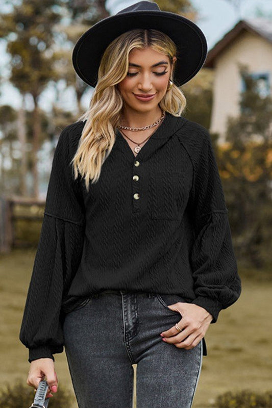 Lantern Sleeve Button-Up Hoodie with Hood