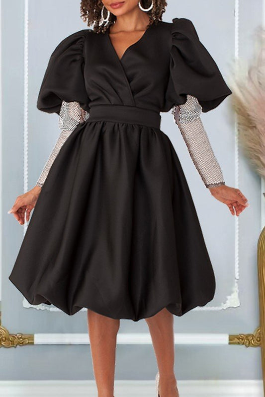 Elegant V-Neck Dress with Statement Puffy Sleeves