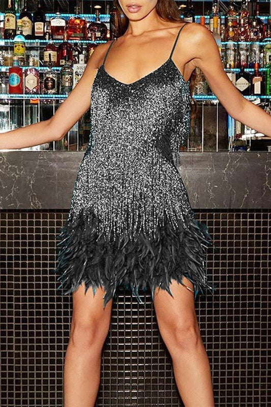 Glamorous Feathered Fringe Sequin V-Neck Halter Dress