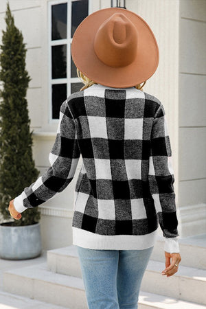 Plaid Print Long Sleeve Sweater with Round Neck