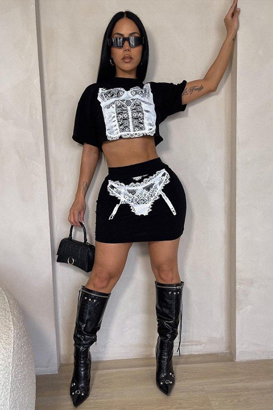 Trendy Two-Piece Crew Neck Top and Skirt Set for Effortless Elegance