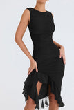 Halter Neck Mesh Bodice Dress with Asymmetrical Pleats