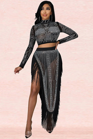 Chic Slit Long Dress and Sheer Sleeve Two-Piece Ensemble