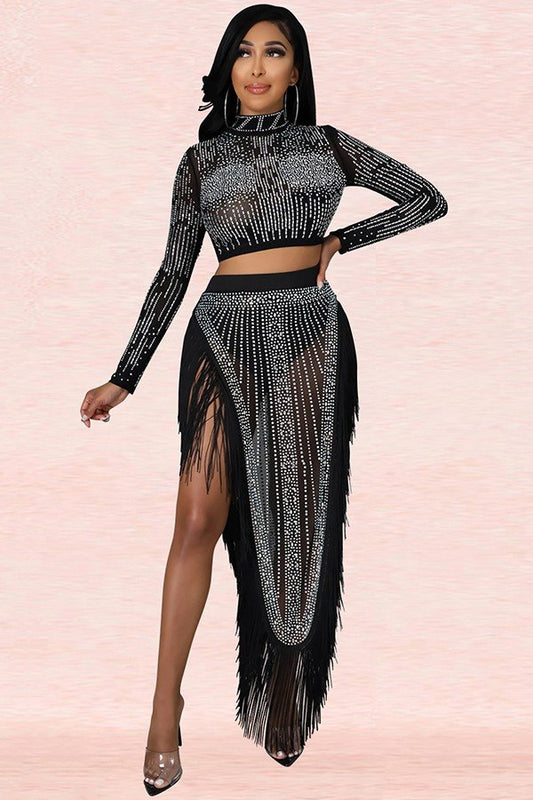 Chic Slit Long Dress and Sheer Sleeve Two-Piece Ensemble
