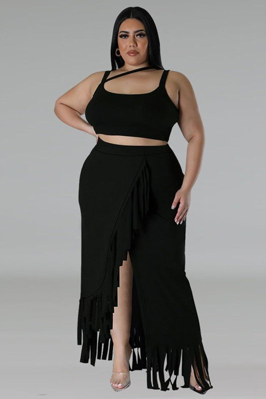 Chic Sleeveless Fringe Skirt Set