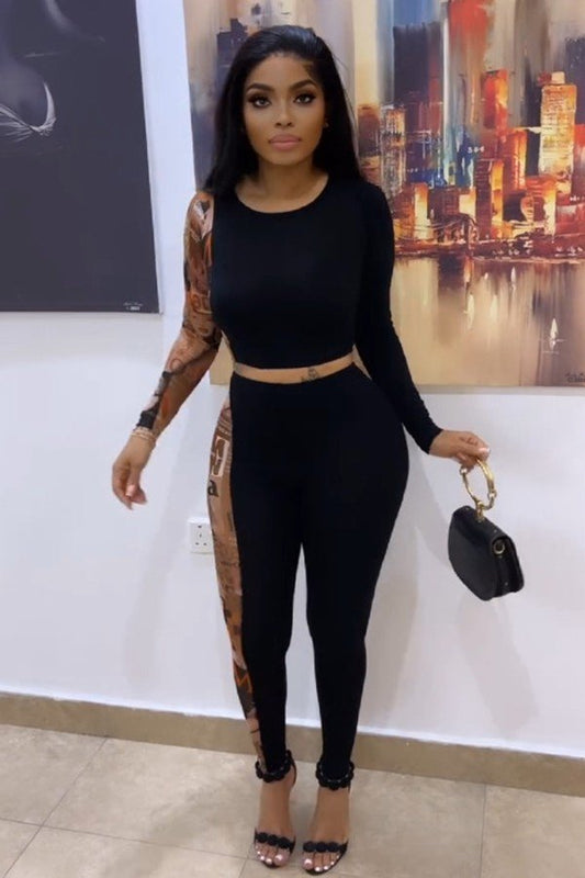 Chic Color Block Slim Fit Long Sleeve Two-Piece Outfit