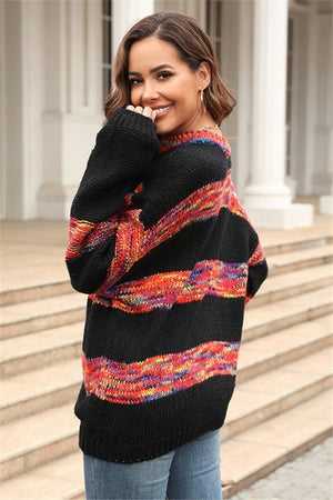 Patchwork Knit Pullover with Loose Crew Neck