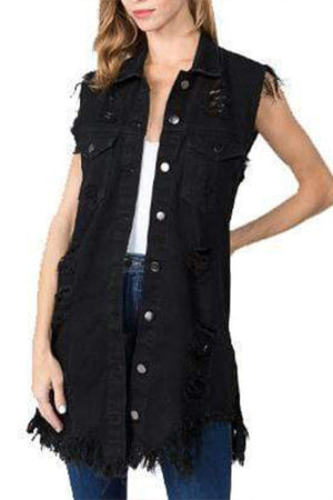 Edgy Ripped Lapel Denim Jacket in Solid Colors