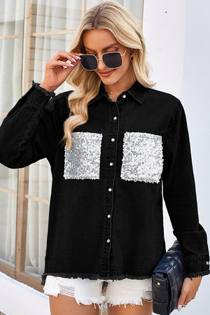 Trendy Denim Shirt with Raw Trim and Sequin-Embellished Pockets