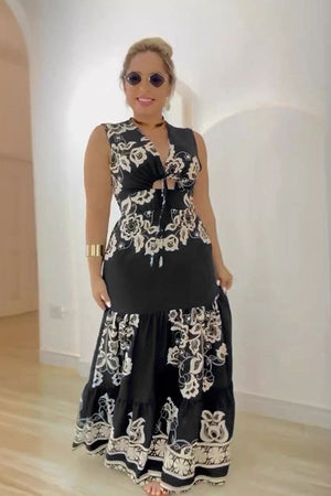 Chic Hollow Sleeve Dress with Printed Patchwork and Strap Waist