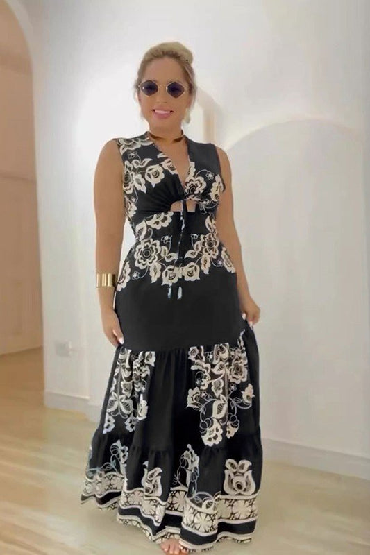 Chic Hollow Sleeve Dress with Printed Patchwork and Strap Waist