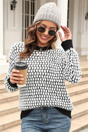 Patchwork Color Block Long Sleeve Crew Neck Sweater