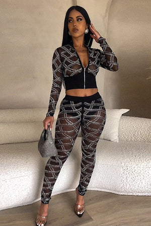 Chic Plus Size Slimming Stretch Two-Piece Set with Elegant Drill Detail