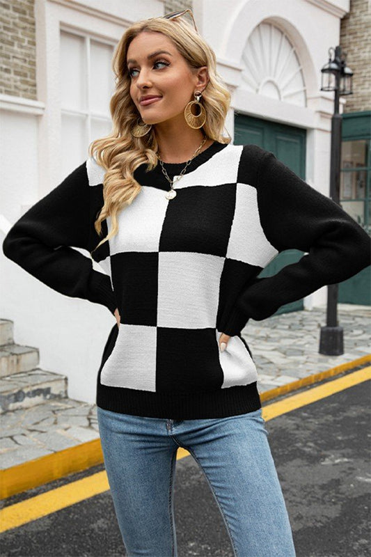 Plaid Knit Long Sleeve Sweater with Round Neck