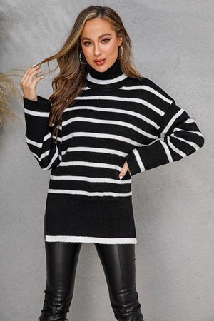 Chic Turtle Neck Striped Loose-Fit Long Sleeve Sweater