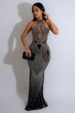 Chic Halter-Neck Long Dress with Mesh Press Drill and Solid Color