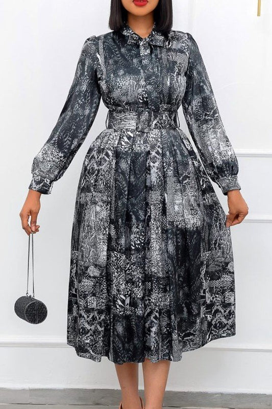 Elegant Long-Sleeved High-Waisted Plus-Size Party Dress with Unique Prints