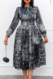 Elegant Long-Sleeved High-Waisted Plus-Size Party Dress with Unique Prints
