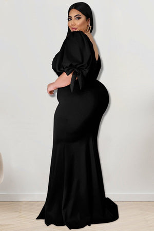 Willow Edge Elegant Slit Hem Dress with Puffy Sleeves