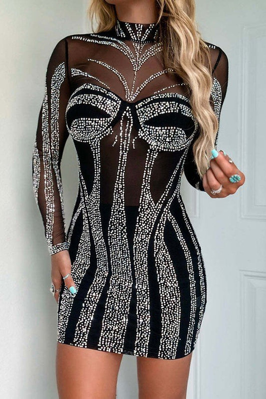Glamorous See-Through Gauze Dress with Hot Drill Accents and Stretch Fit